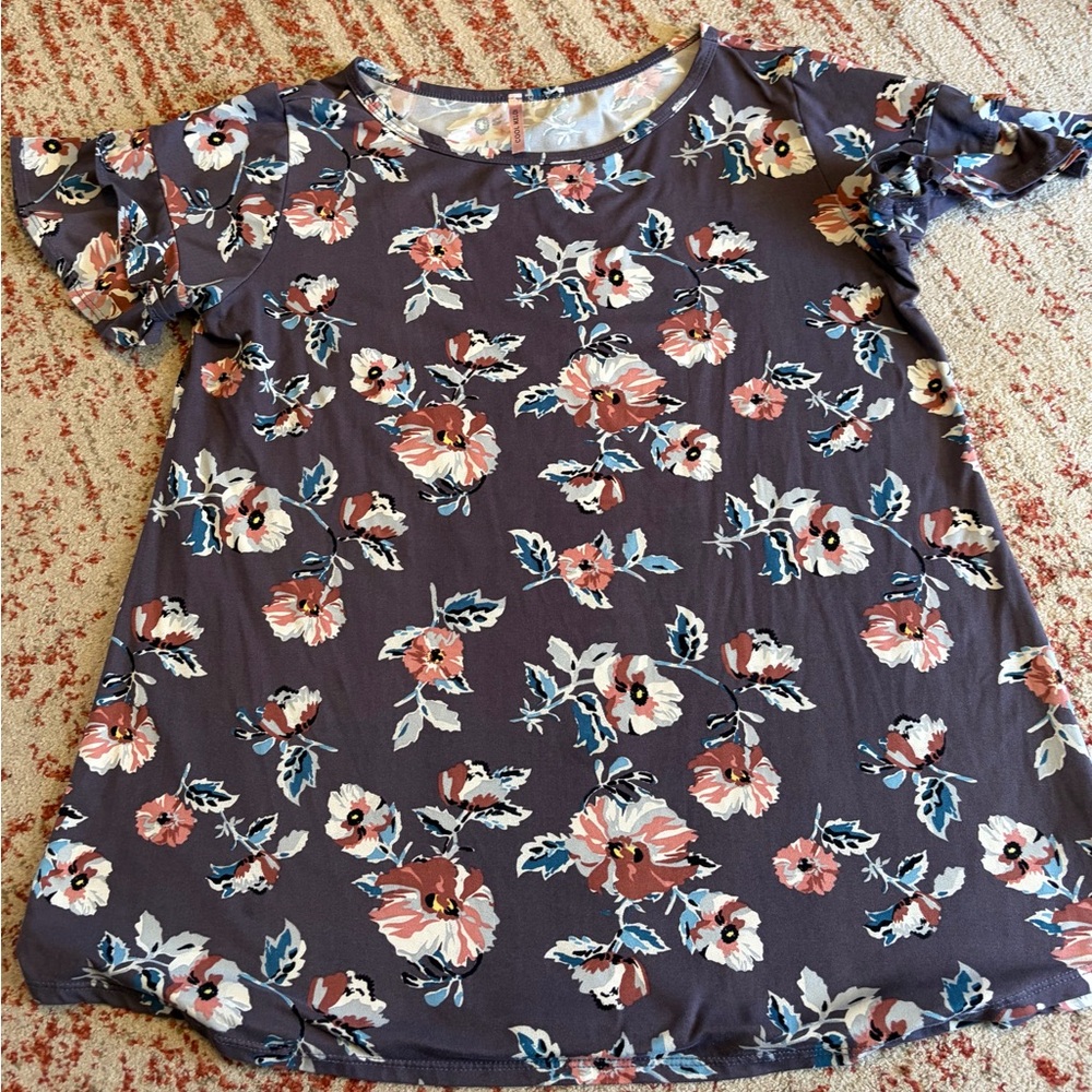 Cool Melon Floral Short Sleeve Top - Purple with Pink & Teal Blooms